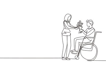 Poster - Single continuous line drawing woman and disabled man in wheelchair. Male give bouquet of flower to female. Family moral support. Disability rehabilitation. One line draw design vector illustration