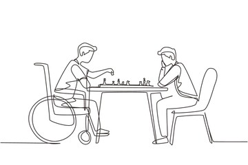 Poster - single one line drawing disabled man in wheelchair plays chess with friend. people on social adaptat