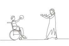 Single One Line Drawing Joyful Disabled Young Arabian Man In Wheelchair Playing Basketball. Concept Of Adaptive Sports For Disabled People. Continuous Line Draw Design Graphic Vector Illustration