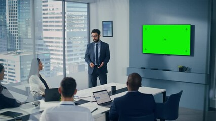 Aufkleber - Office Conference Room Meeting Presentation: Businessman Talks, Uses Green Screen Chroma Key Wall TV. Successfully Presenting a Product to Group of Multi-Ethnic Investors. e-Commerce Strategy