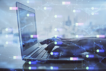 Aufkleber - Double exposure of woman hands working on computer and data theme hologram drawing. Tech concept.