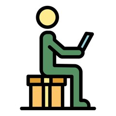 Poster - Man shopping online icon. Outline man shopping online vector icon color flat isolated