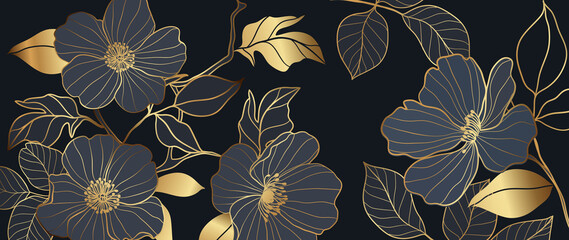Luxury gold floral background vector. Golden gradient Roses and peonies flower line art wallpaper design for prints, cover, wall arts, greeting card, wedding cards, invitation.