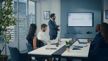 Poster - Office Conference Room Meeting: Digital Enterpreneur Presents e-Commerce Investment Strategy for Group of Investors. Wall TV Showing Big Data Analysis, Infographics, Stock Market Information, Trends
