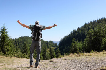 Sticker - Tourist with backpack in mountains on sunny day, back view. Space for text