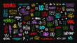 Colorful Hip-Hop graffiti doodle set and street art tags vector icons set. Rap and hip-hop grunge elements for pattern and tee print design. Isolated on white