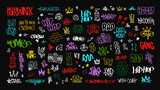 Fototapeta Młodzieżowe - Colorful Hip-Hop graffiti doodle set and street art tags vector icons set. Rap and hip-hop grunge elements for pattern and tee print design. Isolated on white