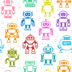 Poster - Pixel art Robots colorful vector seamless pattern. Cartoon Robots in 8-bit retro game style endless background. Cute pixel characters pattern design for wallpaper or wrapping paper