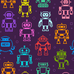Poster - Pixel art cartoon colorful robots icons vector seamless pattern. Funny robots and aliens in 8-bit retro game style background. Pattern of cute pixel girls and boys robots and superhero characters
