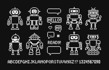 Poster - Pixel art cartoon robots icons isolated vector collection. Funny robots avatars in 8-bit retro game style. Cute pixel girl and boy robot mascot and invader characters design