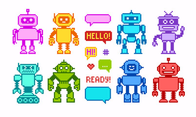 Poster - Pixel art cartoon colorful robots icons collection isolated vector. Funny robots and aliens in 8-bit retro game style. Cute pixel girl and boy robot mascot and invader characters design