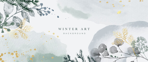winter background vector. hand painted watercolor and gold brush texture, flower and botanical leave