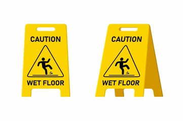 Wet floor caution sign isolated on white background, Public warning yellow symbol clipart. Slippery surface beware plastic board design element. Falling human pictogram. Vector illustartion