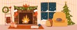 Cozy Christmas evening banner. Decorated festive house interior. Flat vector illustration