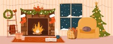 Cozy Christmas Evening Banner. Decorated Festive House Interior. Flat Vector Illustration