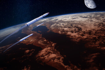 Wall Mural - hypersonic missiles or rockets over the apocalyptic earth. blue moon in the sky. elements of this im