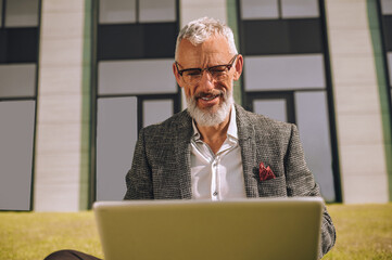 Wall Mural - A businessamn with a laptop working and looking involved