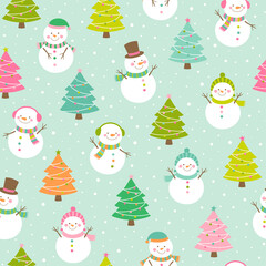 Wall Mural - Cute snowman and christmas tree seamless pattern background