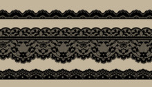 Set Of Black Lace Trim Vectors. Jacquard Mesh Lace Fabric.