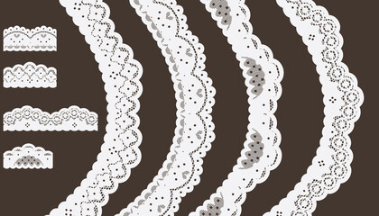 Wall Mural - Set Of White Lace Trim Vectors. Jacquard Mesh Lace Fabric.