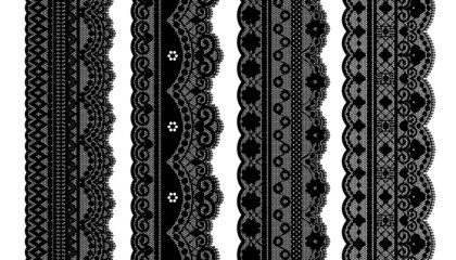 Wall Mural - Set Of Black Lace Trim Vectors. Jacquard Mesh Lace Fabric.