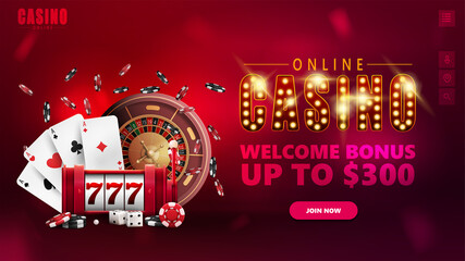 Online casino, banner for website with interface elements, symbol with gold lamp bulbs, slot machine, Casino Roulette, poker chips and playing cards.