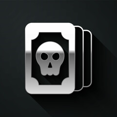 Silver Tarot cards icon isolated on black background. Magic occult set of tarot cards. Long shadow style. Vector