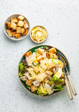Fresh Caesar Salad With Lettuce Salad, Chicken Breast, Boiled Eggs And Croutons