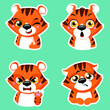 Set of cute little tiger cartoon animal stickers design flat vector illustration isolated on white background