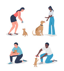 Poster - owners playinh with pets semi flat color vector character set. full body people on white. adoption i