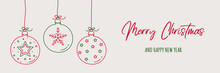 Xmas Banner. Concept Of Hanging Christmas Balls With Hand Drawn Ornaments. Vector