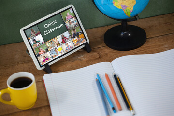 Sticker - Smiling diverse elementary school pupils during class on tablet screen