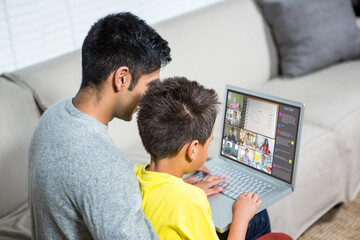 Poster - Biracial boy with father using laptop for video call, with elementary school pupils on screen