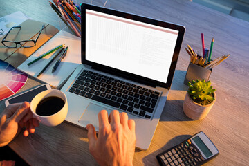 Poster - Hands of caucasian man holding coffee and using laptop with copy space on screen