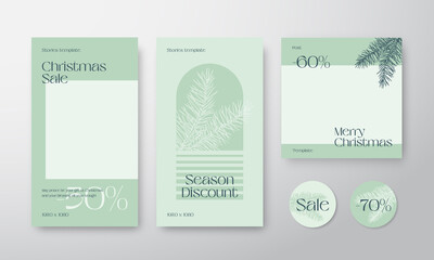 Wall Mural - Christmas Advertising Trendy Editable Templates Set. Pine Branches and Typography for Social Networks Stories Highlights and Posts Backgrounds. Boho Social Media Holiday Greeting Cards or Banners