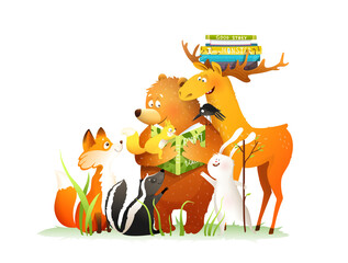 Poster - Bear reading a book story or fairy tale to forest animals as deer rabbit fox, baby squirrel and skunk. Vector fantasy illustration for children in watercolor style.