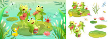 Frogs Band Playing Musical Instruments On The Lake, Animal Concert. Frogs Concert On Swamp Background, Funny Animals Cartoon For Kids. Vector Illustration In Watercolor Style.