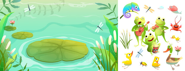 Swamp lake or pond scenery landscape with frogs, ducks and other animals playing musical instruments isolated on white. Vector cartoon illustration in watercolor style.