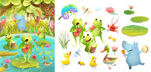 Swamp Or Pond Animals Musical Party Or Festival. Frogs Playing Musical Instruments. Amusing Wildlife On Lake For Children. Vector Illustration In Watercolor Style.