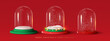 © lauritta - Set of Glass snow globe Christmas decorative design. Podium under transparent glass dome with white snowdrift, and glow garland. Xmas red round scene. Red and white Studio. Stand for Promotion Product