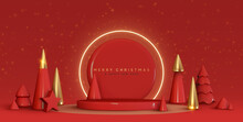 Christmas And New Year Festive Red Round Podium Studio With Realistic 3d Cone Trees, Neon Lights. Modern Creative Holiday Template. Xmas Winter Composition. Banner And Web Poster, Cover And Brochure