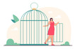 Young beautiful woman coming out of open birdcages door. Depressed person leaving jail in form of cage flat vector illustration. Freedom, violence, mental health, new opportunities concept