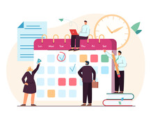 Tiny Students And Office Person In Process Of Making Plan To Reach Aims In Time. Business Schedule With Filling Course Campaign Flat Vector Illustration. Calendar, Media Content, Education Concept