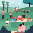 © PCH.Vector - Happy people eating, drinking together, communicating under trees, playing with children. Cartoon family resting during picnic in city park vector illustration. Leisure time, outdoor activity concept