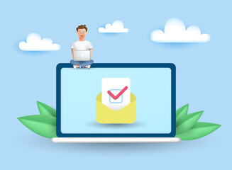 Happy young man sitting on PC. Laptop on his knees. Work, study at home. Freelancer. The course of study. Video conference. Mail. The concept of remote work, access. Vector 3D business illustration.