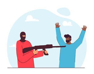 Criminal threatening man with weapon flat vector illustration. Man wearing mask pointing rifle at person. Cruelty, violence, crime concept for banner, website design or landing web page