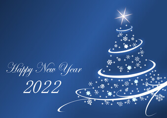 Aufkleber - Happy New Year 2022 illustration with christmas tree on blue gradient background