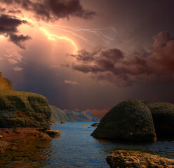 Wall Mural - Lightning over  Black Sea coast. Lightning flashes in sky over  rocky coast of  Black Sea, near Koktebel and Feodosia. There are clouds in the moody sky. Lightning is reflected in water. Power, energy