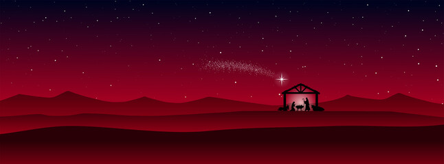 Poster - Blue and red Christmas Nativity scene in the desert greeting card background. Vector EPS10.