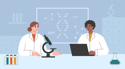 Wall Mural - scientists in a lab. woman in science concept. researchers or doctors in uniforms working with equip